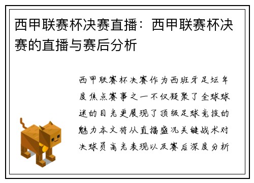 西甲联赛杯决赛直播：西甲联赛杯决赛的直播与赛后分析