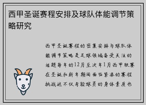 西甲圣诞赛程安排及球队体能调节策略研究