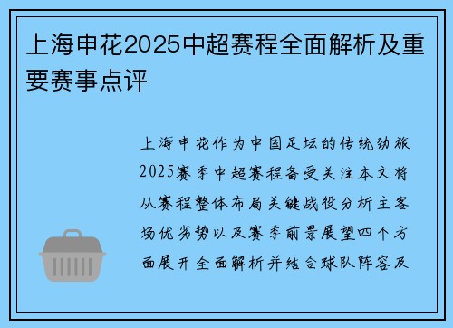 上海申花2025中超赛程全面解析及重要赛事点评
